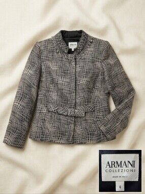Armani Collezioni Grey Textured Beaded Trim Blazer – Size US 6 / IT 42